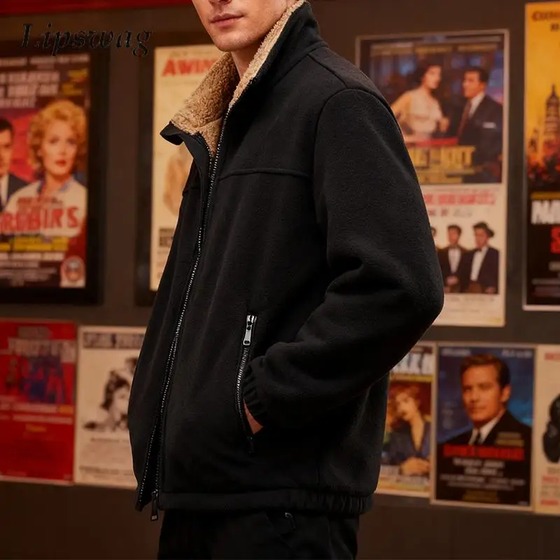 

Vintage Fleece Lining Jackets Mens Streetwear Fall Winter Stylish Solid Color Plush Wool Coats Men New Casual Zipper Outerwear