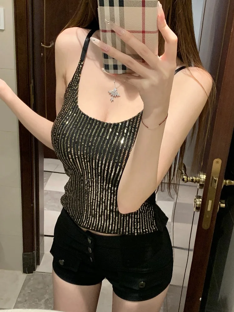 Women's Slim Fit Tank Top with Sparkling Sequins Belted Design Summer Black Innerwear Outerwear Short Sleeve Knitted Vest