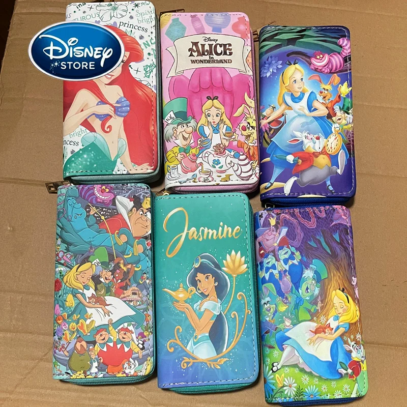 Disney Princess Wallet Cartoon Belle Alice Ariel Snow White Womens Blocking Leather Zip Around Wallet Long Purse Credit Card