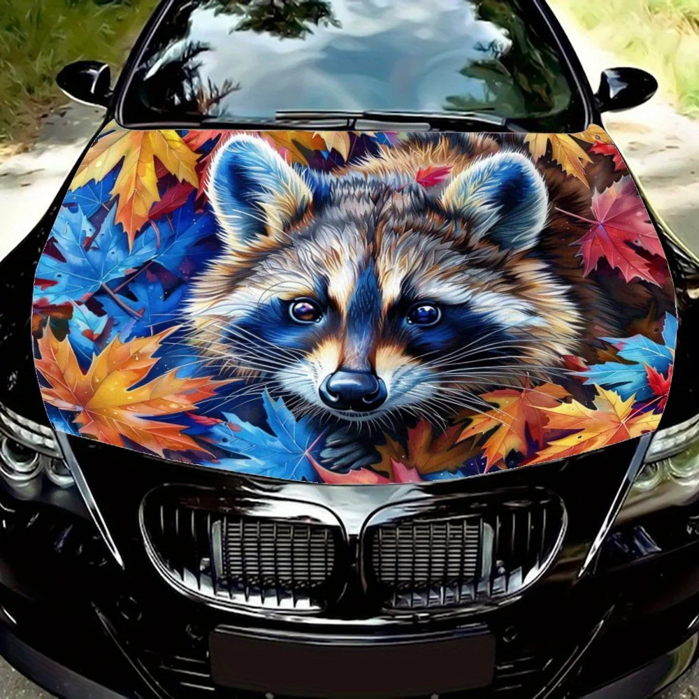 

Енот в море из разноцветных листьев: любопытные глаза осенью; автомобильные виниловые обертки, виниловая графика на капоте автомобиля, виниловый материал с cus