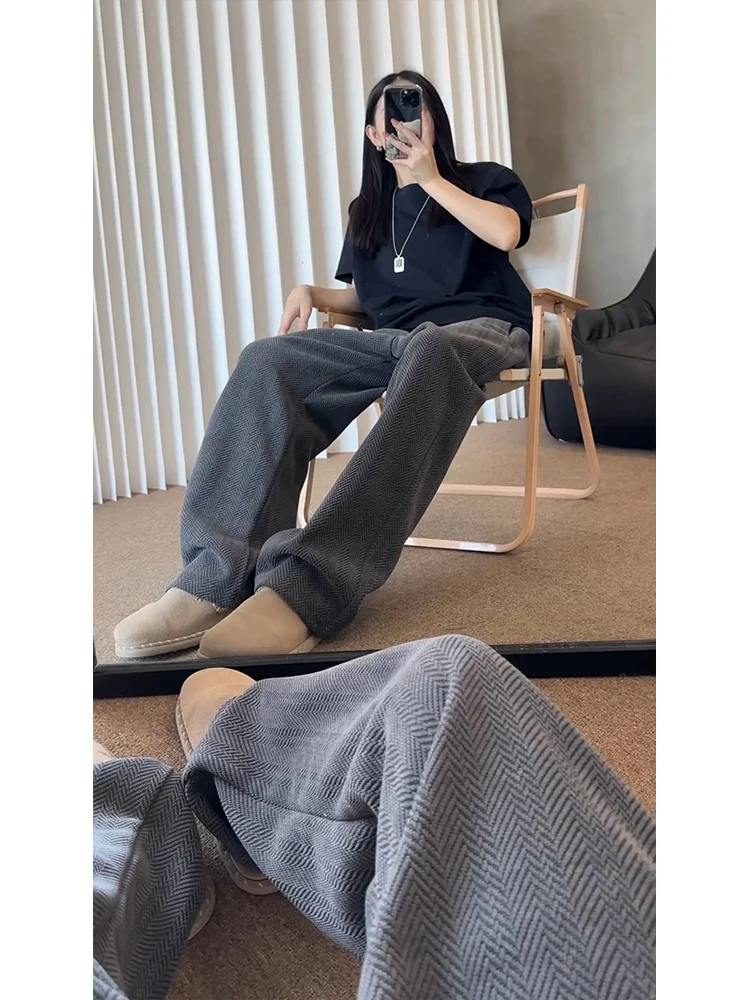 

American Texture Stripe Wide Leg Men's Sweatpants Casual Loose Vintage Autumn Straight Cut Pants Youth Faion Trend Brand