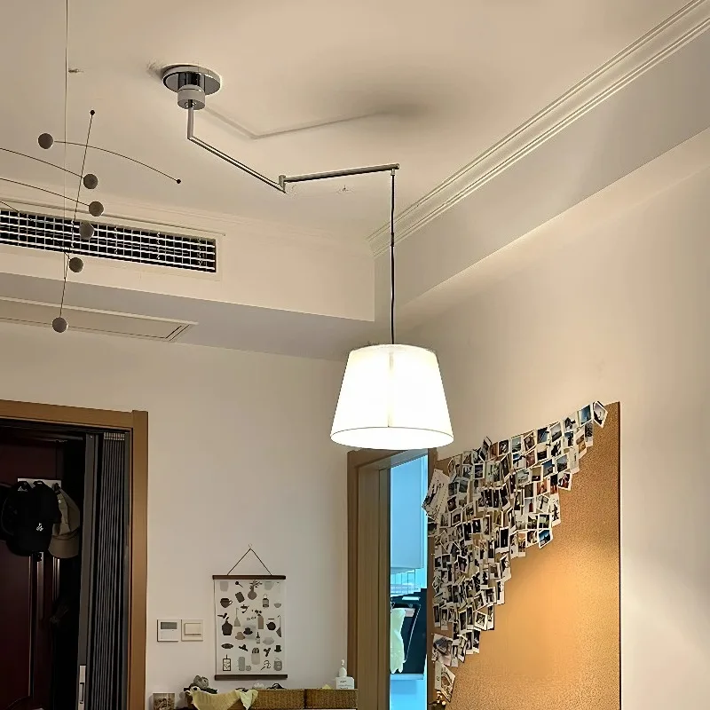 Modern Adjustable Mobile Restaurant Pendant Light Fabric Lampshade Dining Table Study Bedroom Creativity Rocker Arm Hanging Lamp