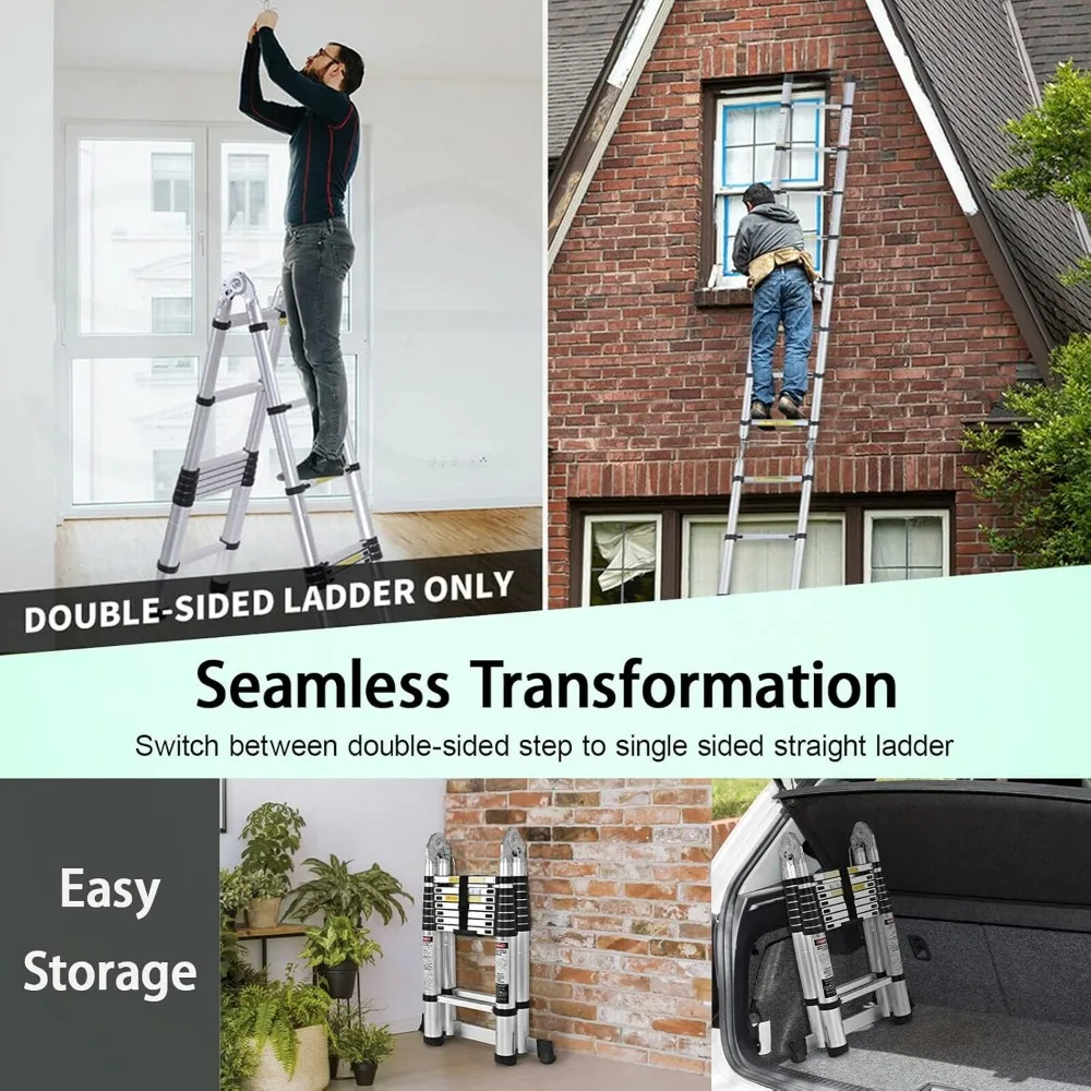 Aluminum Telescopic Ladder - 12.5FT Folding Extension A-Frame 3.8m Straight Ladder Portable Multi-Purpose with 1.9m+1.9m Section