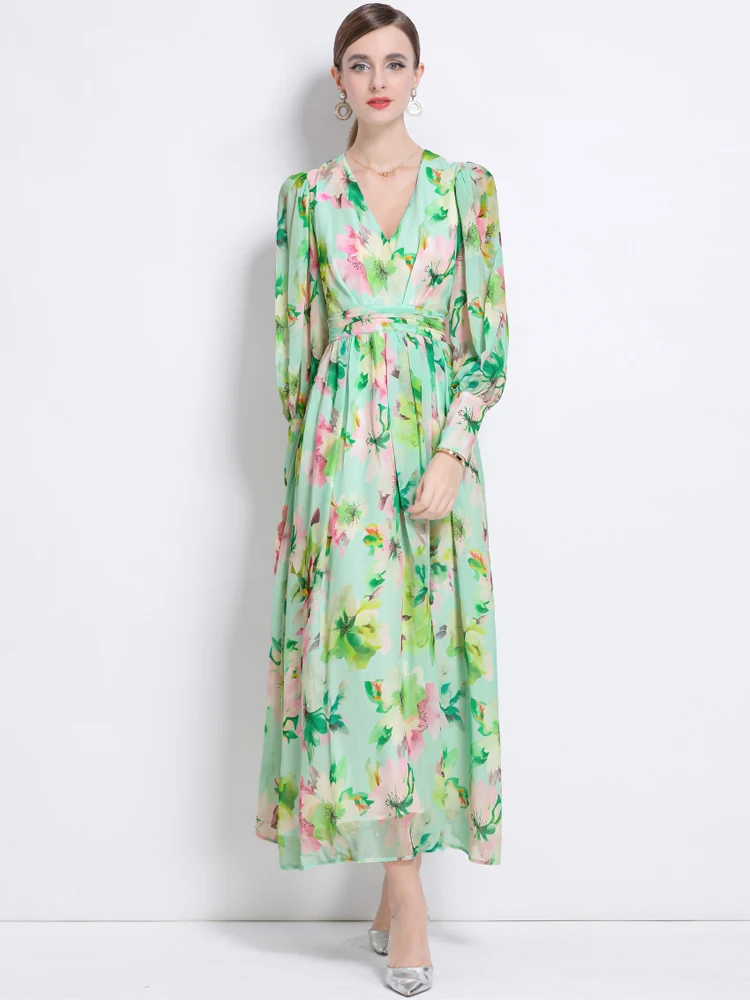 Strand Bloemenprint Maxi Jurk Dames 2025 Nieuwe Elegante V-hals Lange Mouwen Jurken Vouw Hoge Kwaliteit Vestidos INKEO 5D217