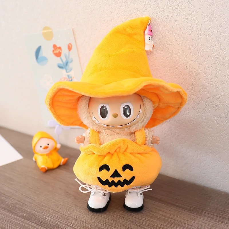 

Clothes For LABUBU 15/17cm 1st 2nd 3rd Gen Halloween Pumpkin Plush Style Big Black Hat Smiley Bat Costume Skull Headwear Set