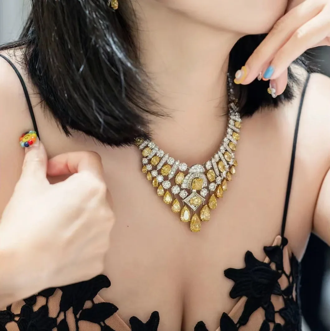 New Royal Sapphire Necklace Bridal Dress Banquet Luxury Powder Yellow Diamond Wwomen'S Fine Jewelry Dubai Bridal Wedding Dance