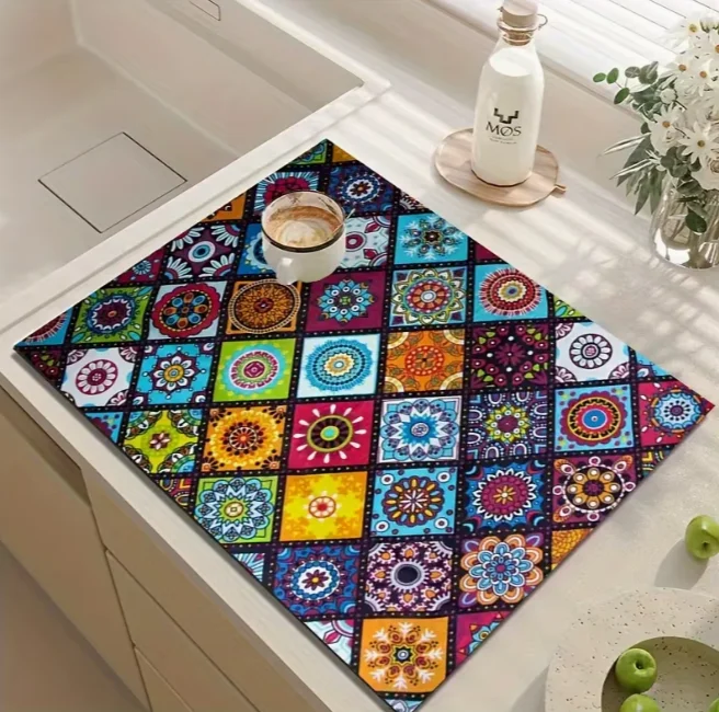 2D Flat Printed Super Absorbent Bohemian Drainage Mat, Quick Drying Anti Slip Easy To Clean Suitable for Kitchen and Laundry Use