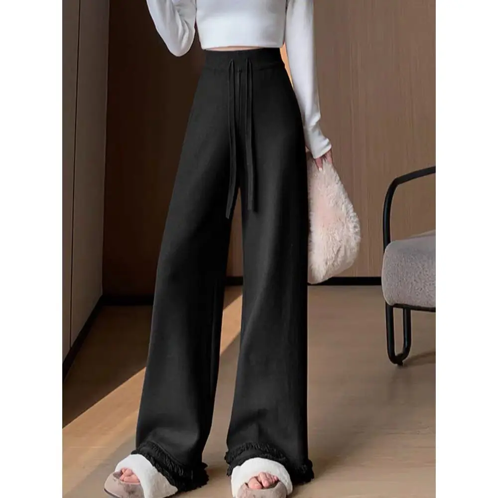 High Waisted Drawstring Pants Women 2024 Autumn Winter Loose Straight Black Pants Vintage Casual Knitted Wide Leg Pants Z72