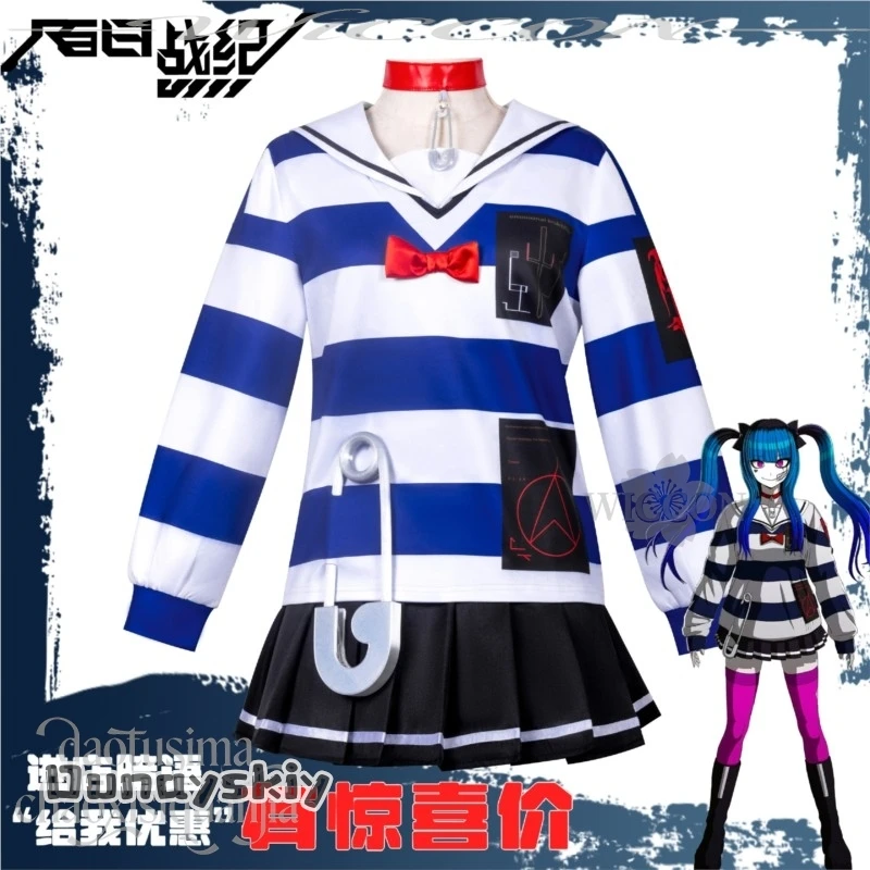

Hemera@Amemiya Darumi Cosplay Game Hundred Anime Costume Jirai Kei Girls Blue White Striped Sailor Shirt Dress Earring Wigs