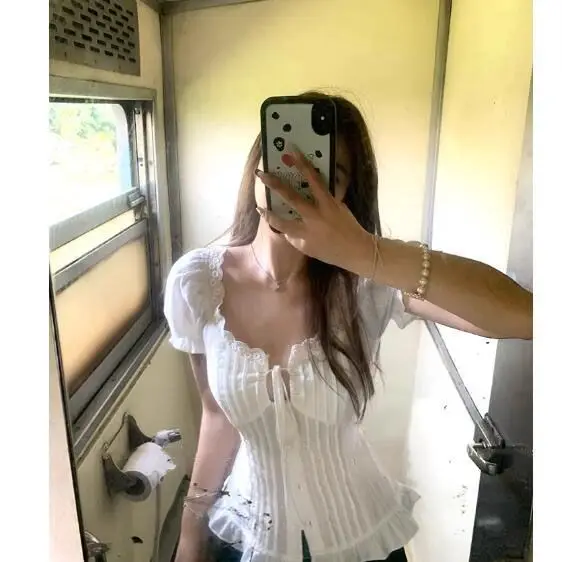 

​​2025 French Style Sweet Bow Blouse Lace Trim Short Sleeve Shirt with Puff Sleeves - Summer Feminine Top​