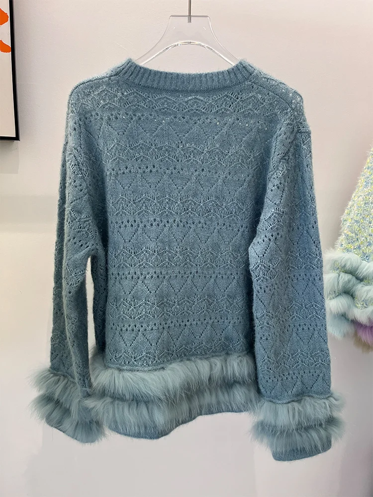 เสื้อโค้ทไหมพรมขนสุนัขจิ้งจอกแท้สำหรับผู้หญิง ฤดูใบไม้ร่วง ฤดูหนาว 2025 คอทรงโอ สไตล์สตรีท