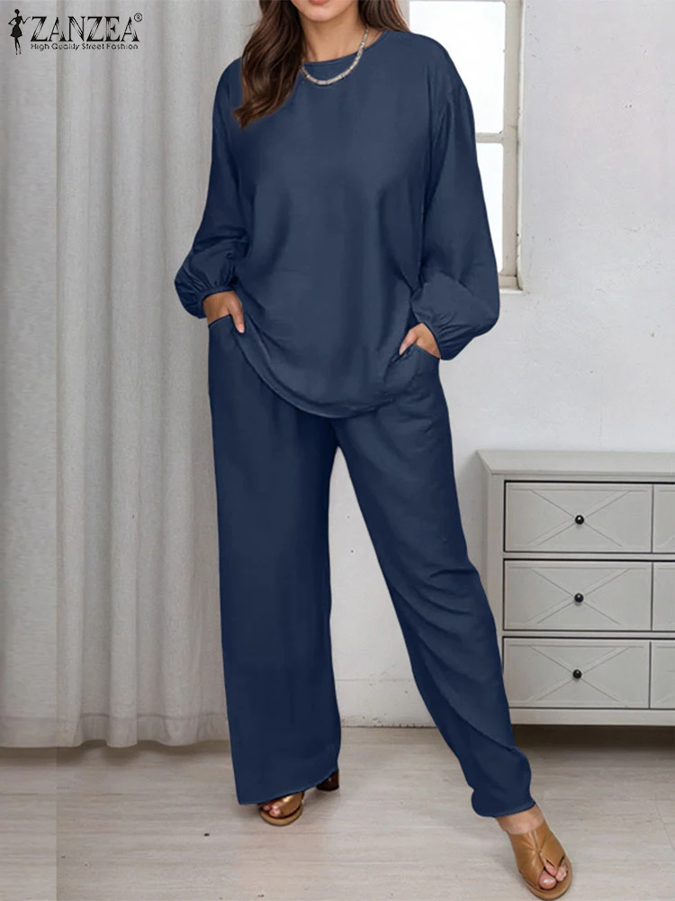ZANZEA カジュアルルーズセット レディース 無地ブラウス ロングパンツ ファッションOLワークスーツ 2025 カジュアル outfits パンツマッチングセット S-3XL