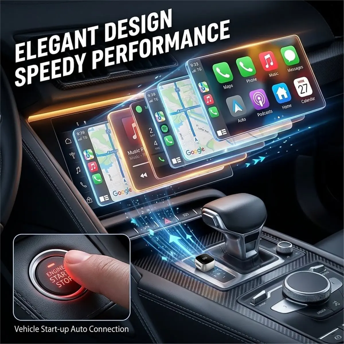Dual Function Wireless Converter 5GHz WiFi Fast Connection Plug & Play Car Adapter, Low Latency Audio Dongle