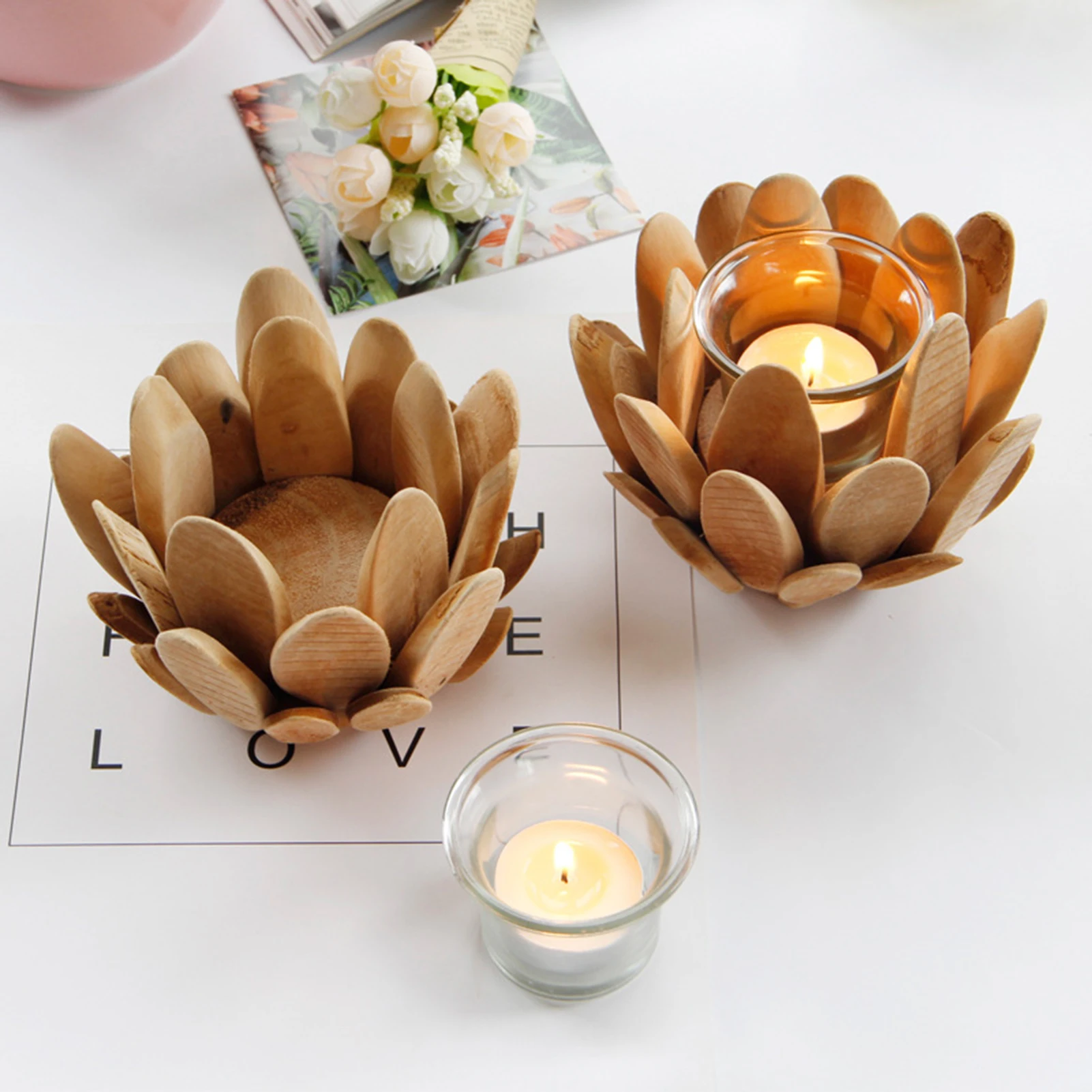 

Wooden Petal Candle Holder Petal Wood Candlestick Decoration Wooden Candle Holder Desktop Ornaments for Living Room Gift