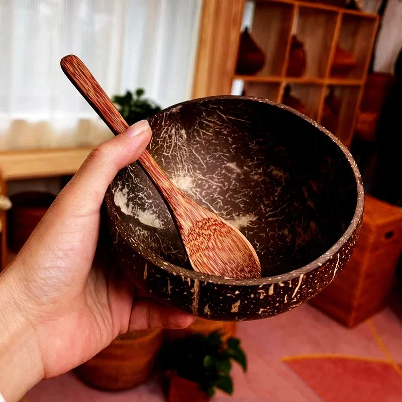 Natural Coconut Tableware Hand Make Wooden Salad Ramen Bowl Coconut Wood Spoon Set Coco Smoothie Kitchen Tableware Coconut Bowl