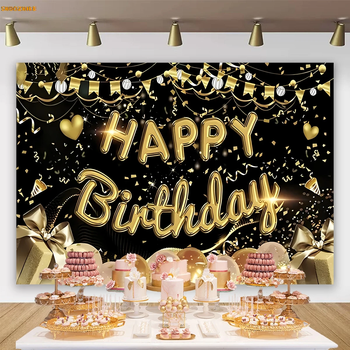 パーソナライズされた誕生日パーティーの背景,金,青,黒,ピンクのバルーンケーキポスター,赤ちゃんと子供のバナー,パーティー用のビニールの背景