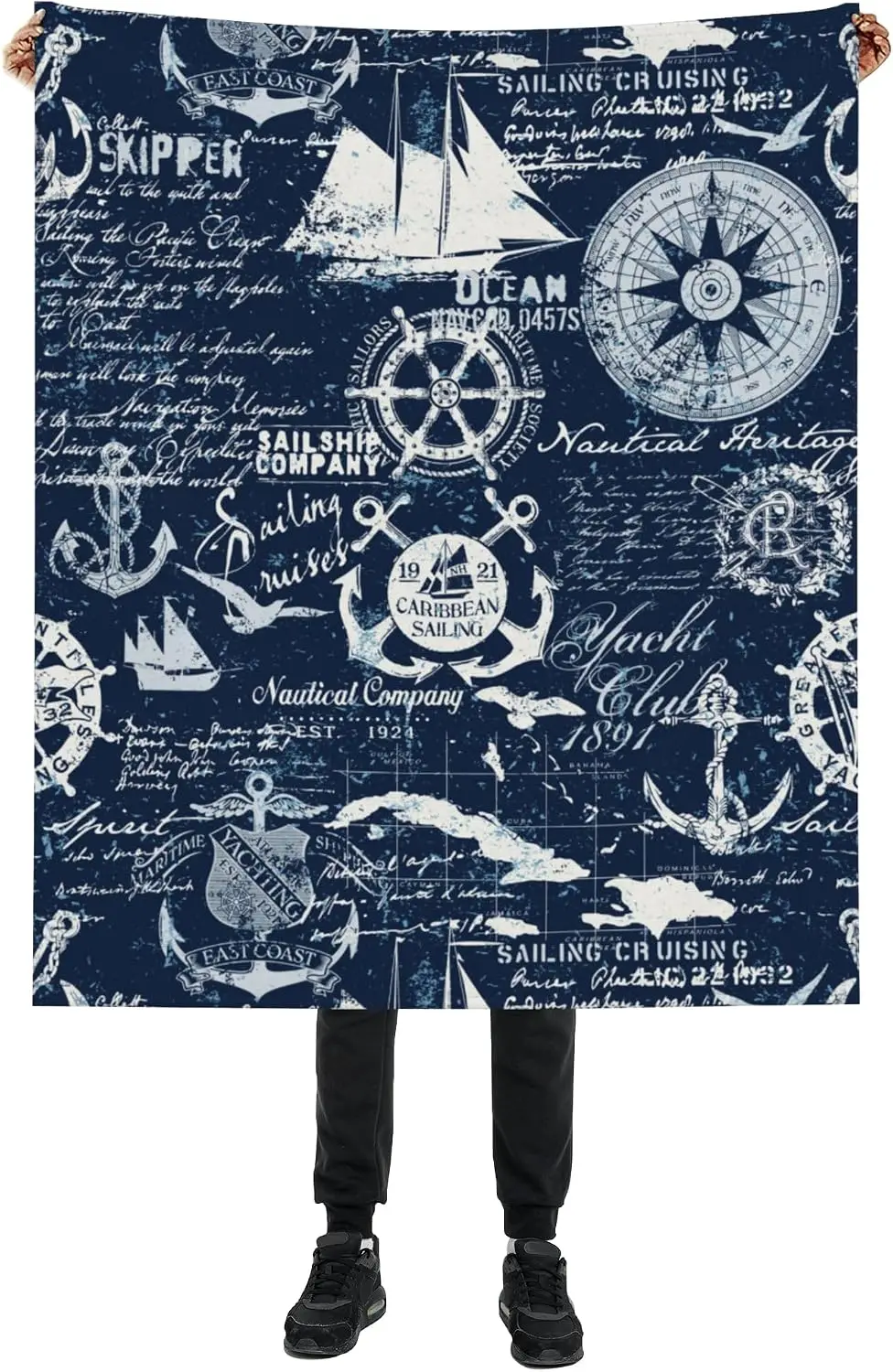 Vintage Nautical Sailboat Compass Anchor Script Print Flannel Blanket Soft Throw For Sofa Bedroom Indoor Daily Home Decor Gift