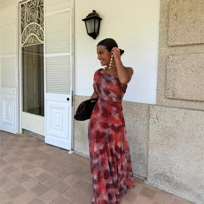 Elegant One Shoulder Sheath Sheer Long Dress Women Fashion Temperament Slim Party Dress Sexy Strapless Solid Color Maxi Dresses - view 4