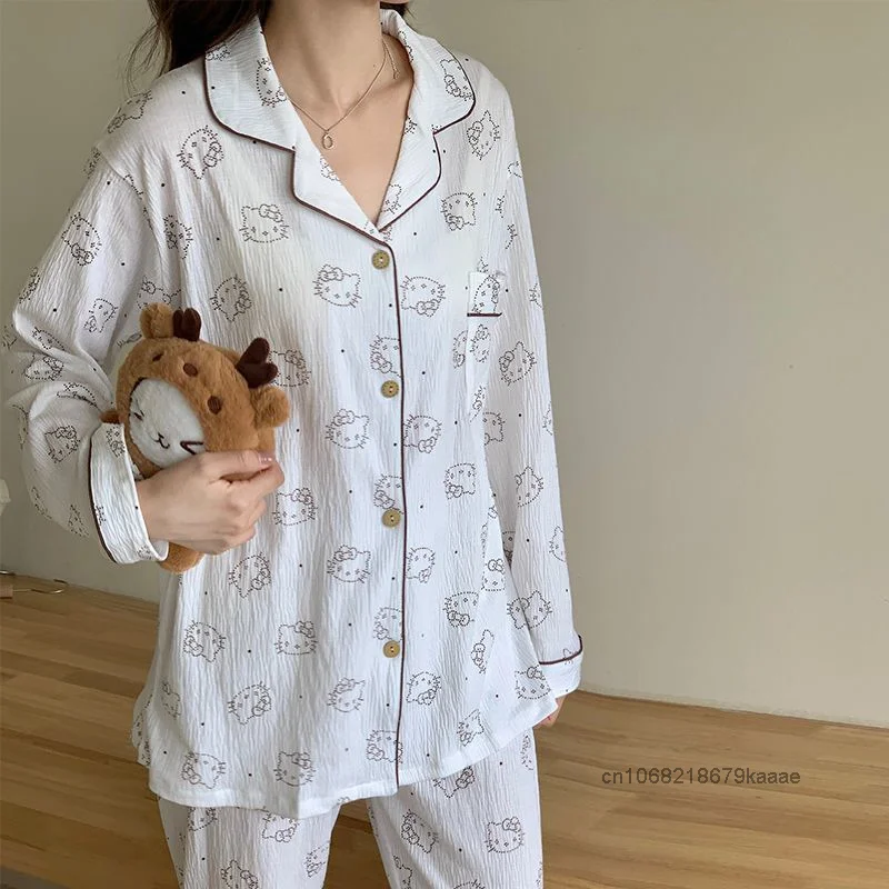 Sanrio Hello Kitty Women\'s Spring Autumn New Sleepwear Japanese Style Fashion Long Sleeve Pajamas Simple Design Home Clothes Set