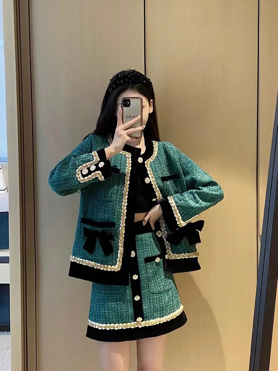 Elegant green Tweed Suits for Women High quality Pearl Button Embroidery Short Coat Irregular Skirts Two piece Crop Top Set chic