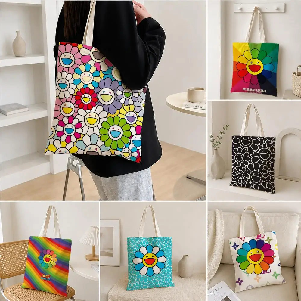 Artist Takashi Murakami Sunflower Storage Bags Polyester Canvas Foldable Tote Bag Lightweight Reusable Shopping Shoulder Bag