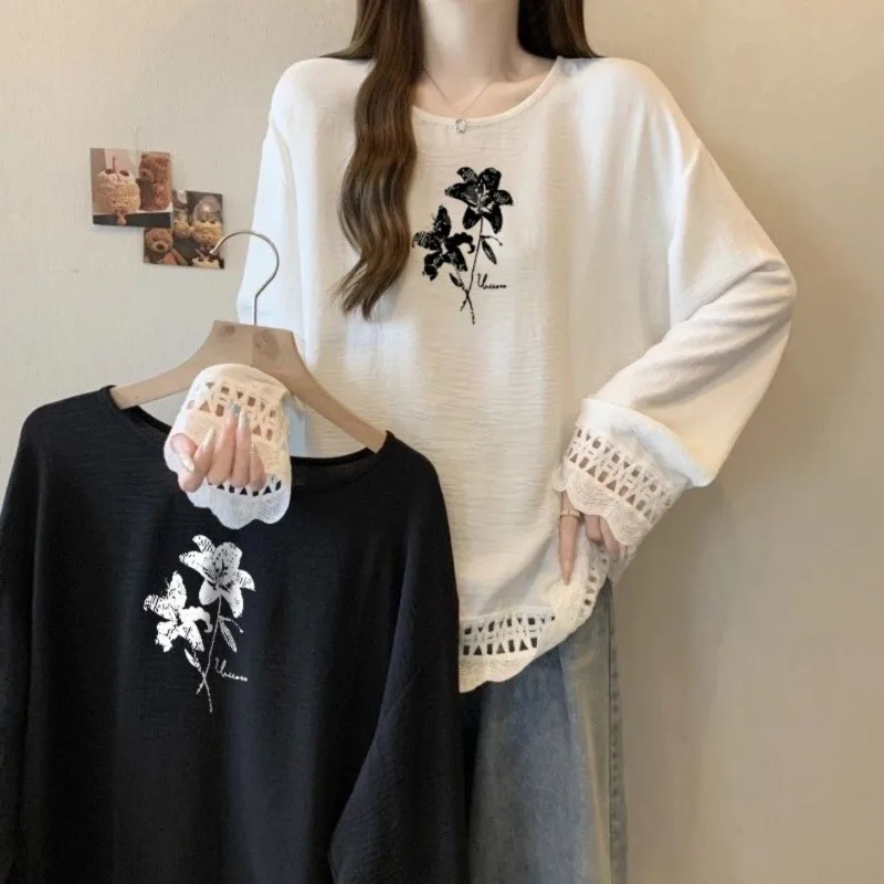 Women Plus Size Floral Print Crew Neck Long Sleeve Top Autumn Winter Lace Patchwork Loose Casual Blouse S 6XL view 3