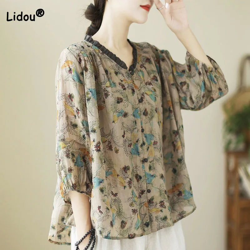 

Fashion Vintage Printed V-Neck Floral Shirt Women's Clothing Summer Loose 3/4 Sleeve Casual Single-breasted Blouse for Female