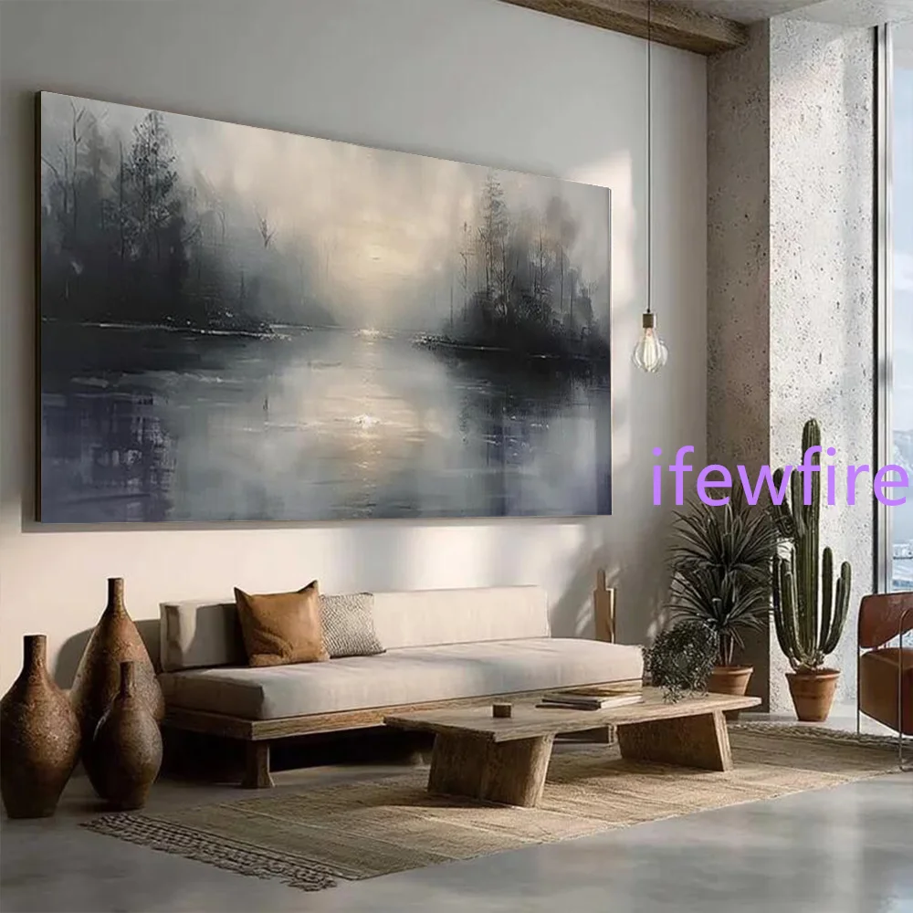100% Handmade Abstract Oil Painting on Canvas The lake view under the night sky Wall Art Picture for Living Room Decor Image