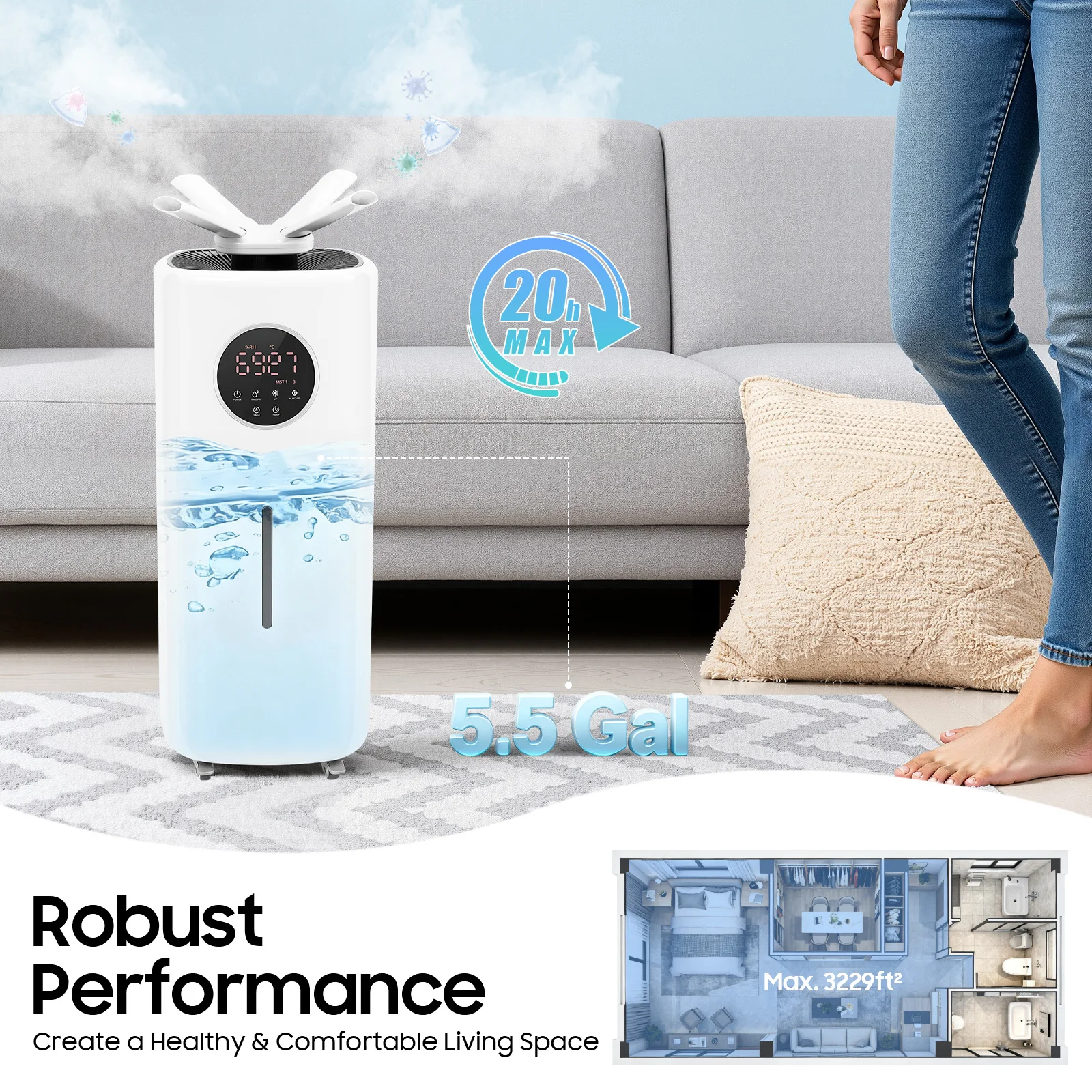 مرطب تجاري 21 لتر، سعة خزان مياه 5.5 جالون، تحكم في الضباب قابل للتخصيص، مخرج رذاذ قابل للتعديل، للغرفة الكبيرة