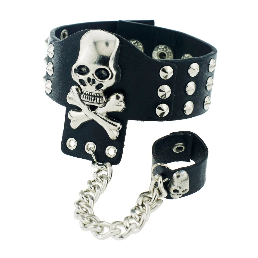 Gothic Skeleton Skull Chain Link Rock Rivet  Cuff  Black Leather Punk Unisex  Fashion Bangle Bracelet S054