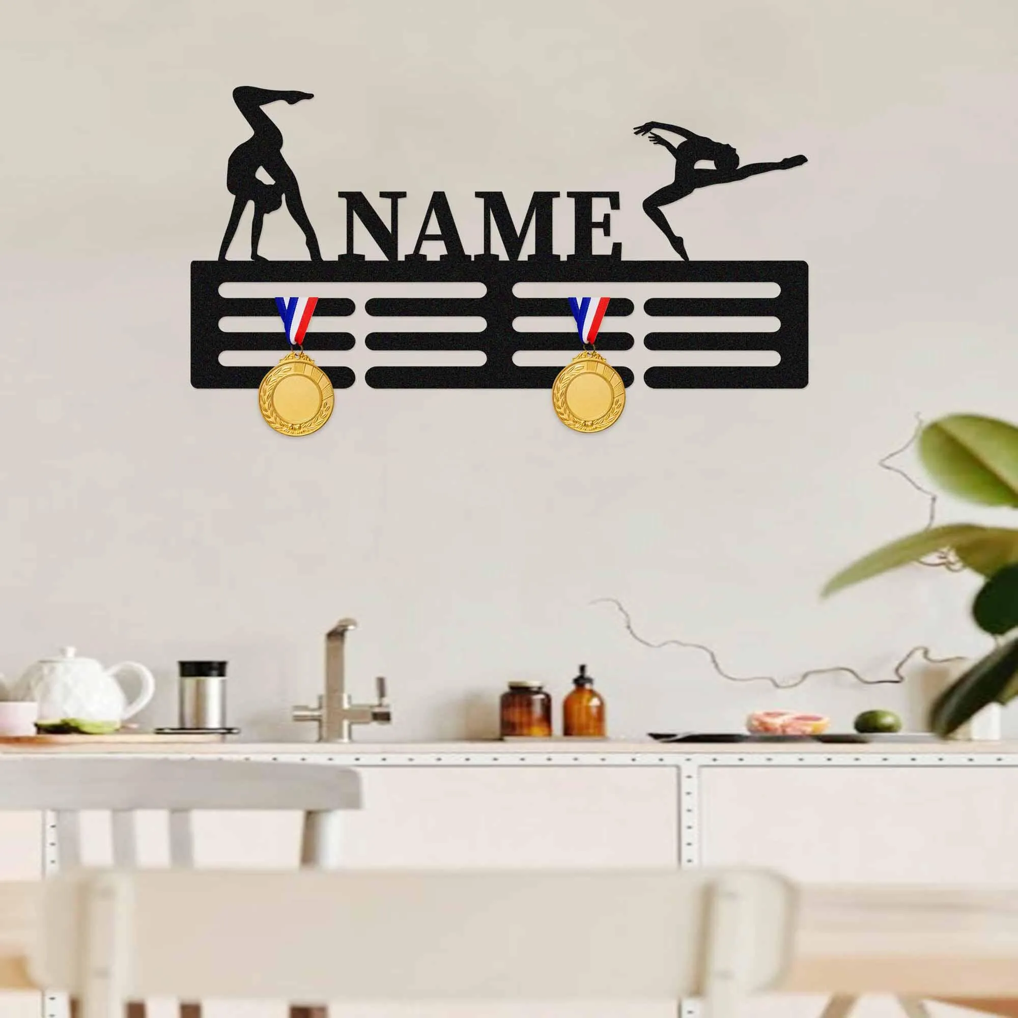 Personalized Gymnastics Medal Hanger,Custom Name 12‑Rung Metal Medal & Ribbon Display Rack