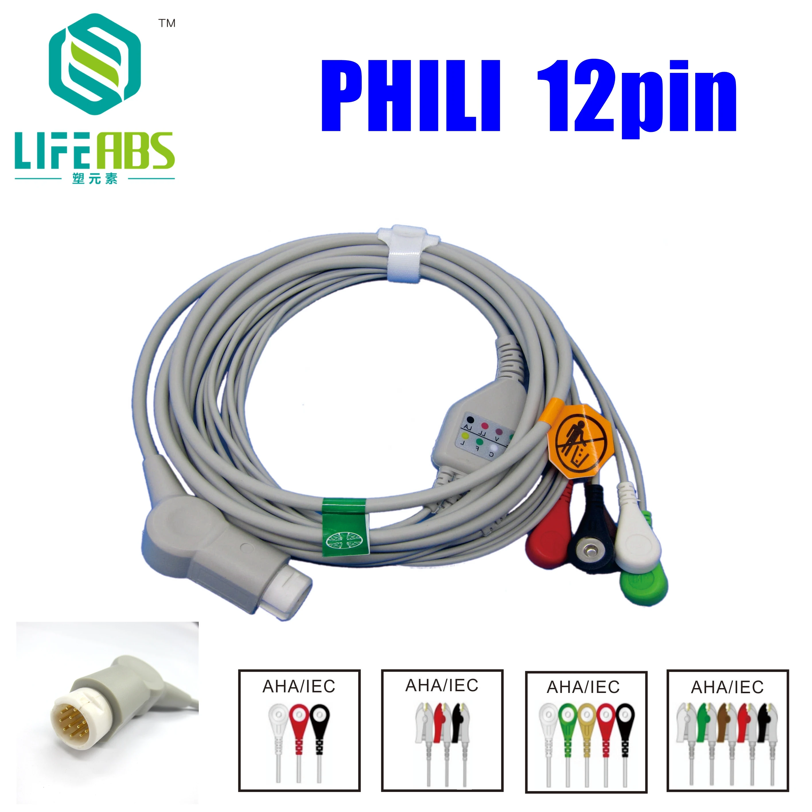 One-Piece Ecg Cable Ekg Cable Aha 3leads 5leads Snap Clip Ecg Measurement Accessories for Phili 12pin Mornitor Machine