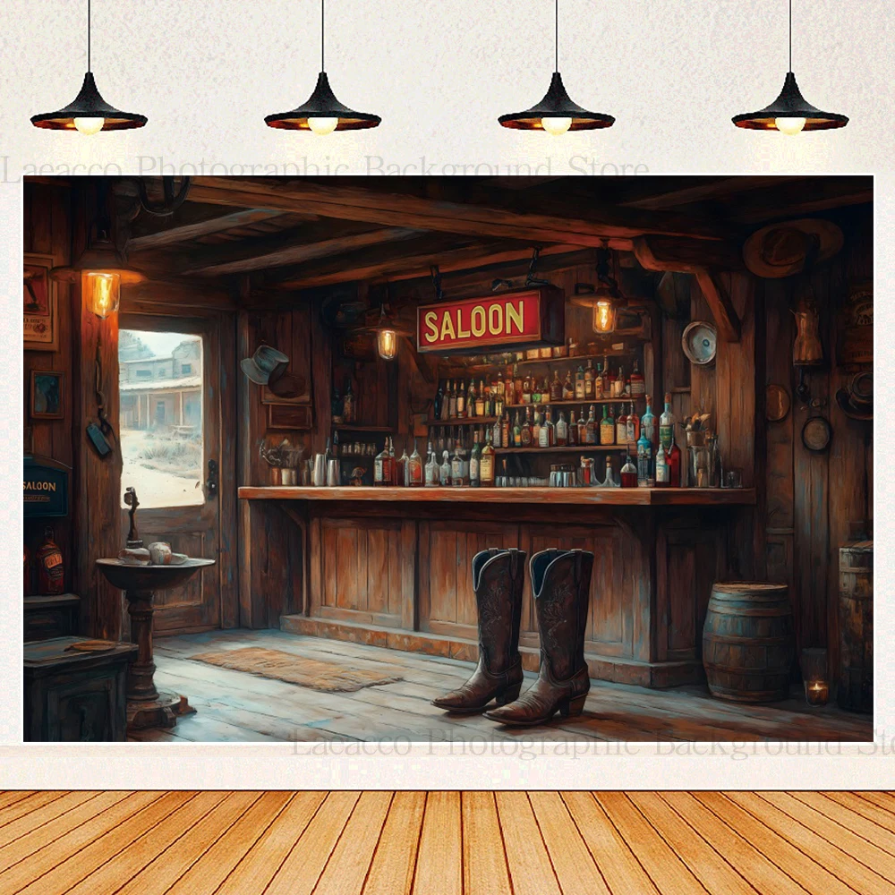 Fondo de salón occidental Vintage, taburete de barril de madera de vaquero occidental, oficina de correos, fondo de fotografía para fiesta de cumpleaños, fotomatón