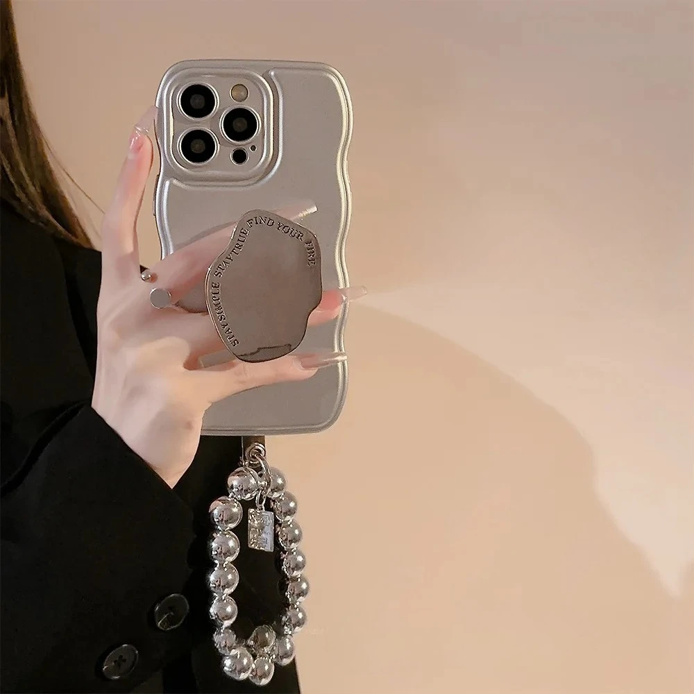 Luxury Silver Wavy Frame With Irregular Plating Holder Bracelet Phone Case For iPhone 16 15 14 13 12 11 Pro Max Shockproof Cover