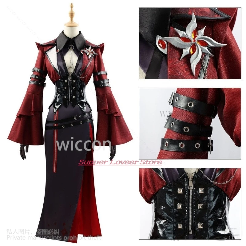 Anime Game Genshin Impact Cosplay Arlecchino Costume Red Leaf Concert Evening Dress Lolita Gothic Wigs Halloween Christmas Cos