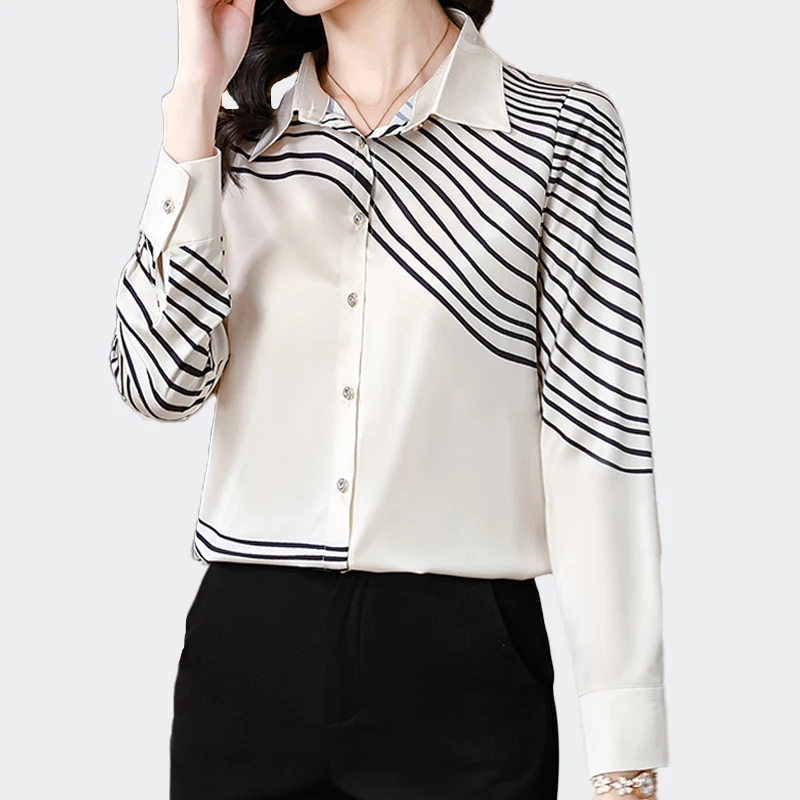 

Chic Fashion Striped Blouses Women 2025 Autumn New Satin Shirts Long Sleeve Casual Basic Tops Office Lady Clothing