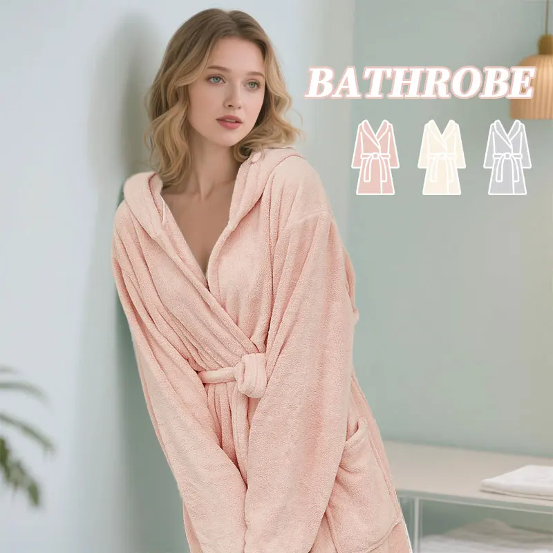 Women's long soft and skin friendly coral fleece thick bathrobe, shower pajamas, winter home clothes