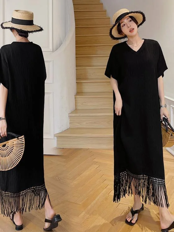 T-shirt décontracté d'été grande taille Dr avec frange taille ample couvrant le ventre effet minceur pour femmes grande taille longue Sve...