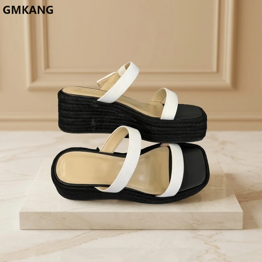 Women Square Toe Platform Wedge Sandals Knotted Strap Espadrille Slides Comfort Summer Beach Shoes Casual Open Toe
