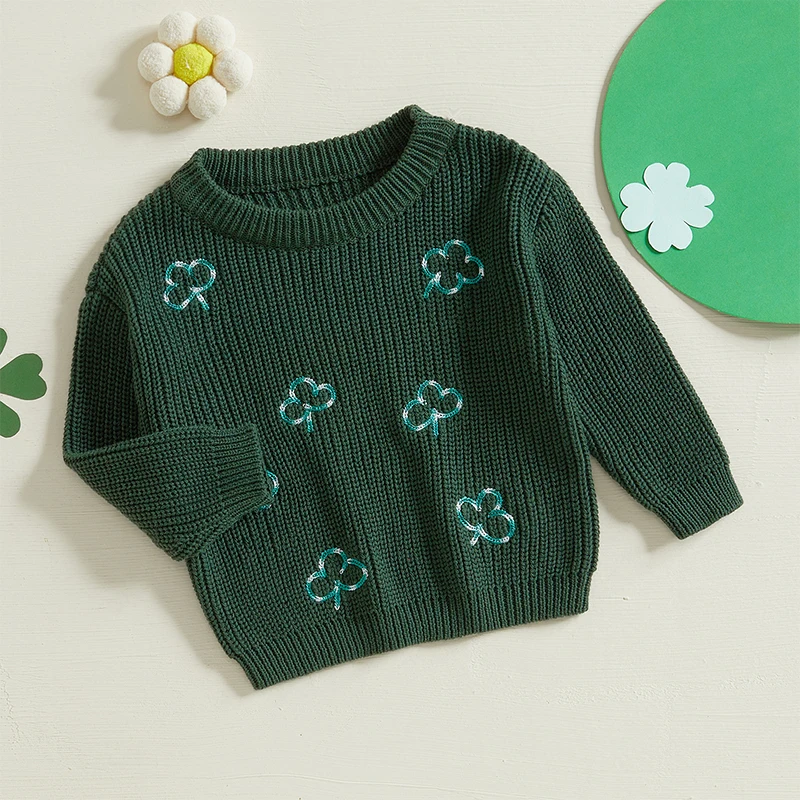 Toddler Girls Boys Sweater Clover Embroidery Long Sleeve Baby Pullovers Ireland Clothes Fall Winter Casual Tops