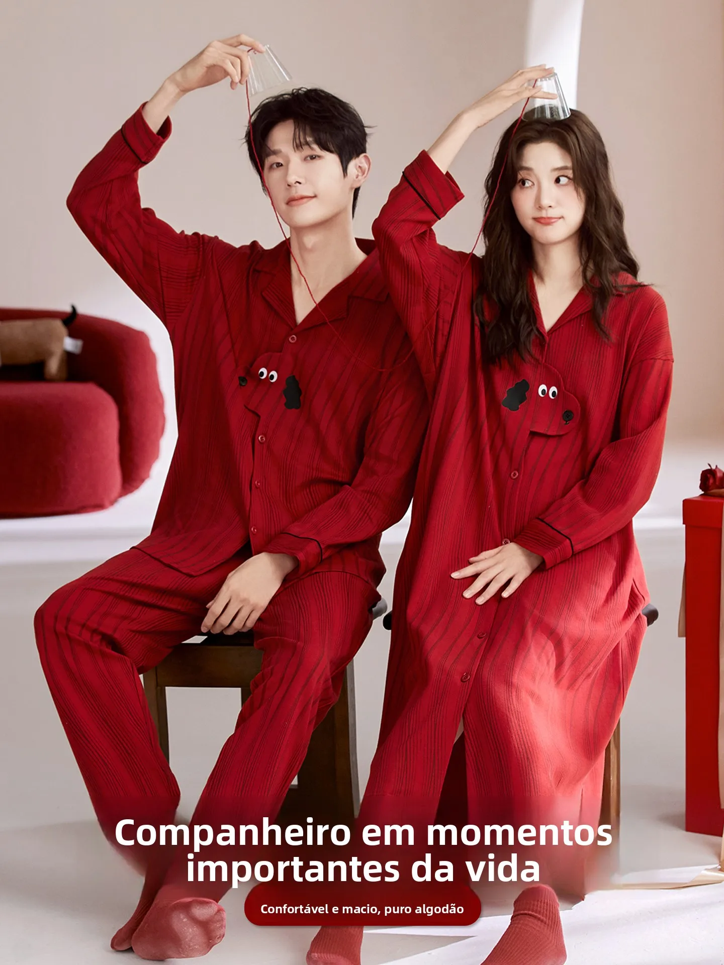 fenteng-care-couple's-sleepwear-set-pure-cotton-red-wedding-new-couple's-large-size-winter-warm-home-clothes-matching-pajamas