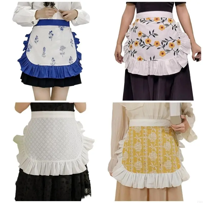 

77HE Server Aprons Waist Apron,Waitress Apron for Women Girls Floral Embroidery Half Apron with Adjustable Waist Straps