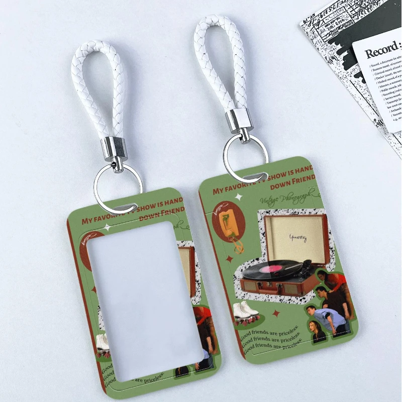 CD Record Vintage Style Bus Card Protective Case Women Badge Holder Keychain Girls Door Card Case Photo Protector with Lanyard