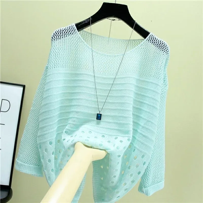 Korean Popular Clothes Short Sleeve Women T-Shirt Sexy Knitted Pullover Hollow Color Round Summers Summer Vacation Women Top