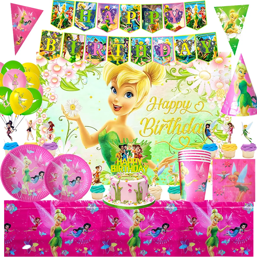 

Disney Tinker Bell Peter Pan Theme Girl Birthday Backdrop Party Decoration Disposable Tableware Fairy Elves Balloons Cake Topper