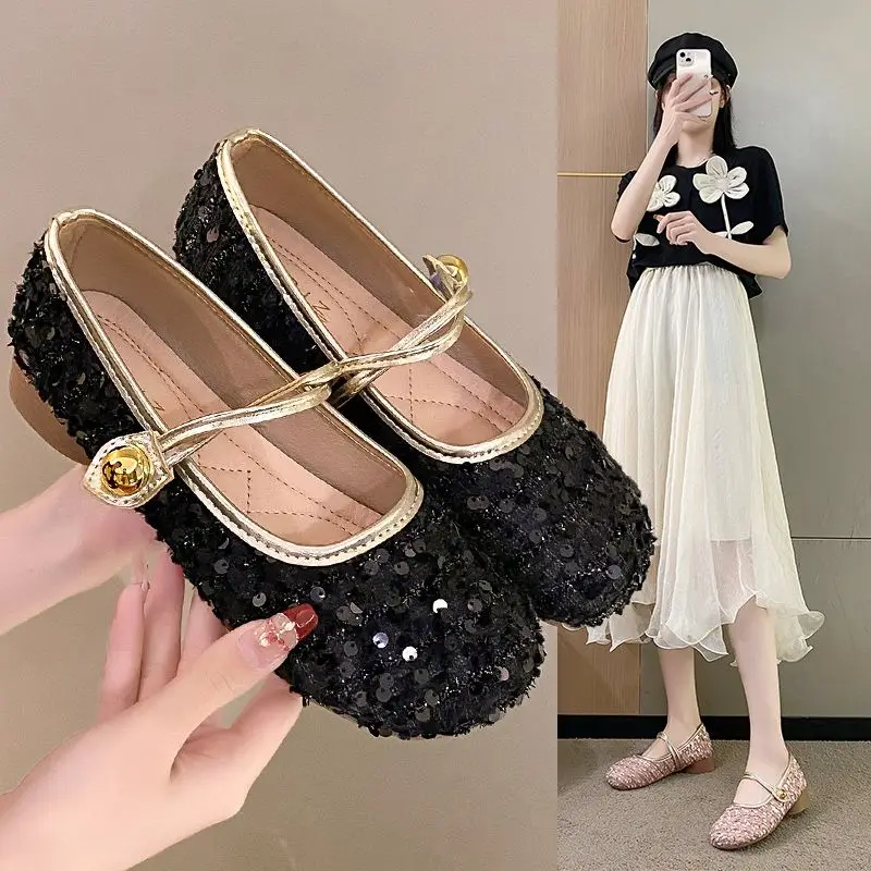 

Summer Women Sequined Cloth Shoes 2026 French Girls Bling Single Shoes Spring Autumn Female Soft Bottom Mary Jane Shoes