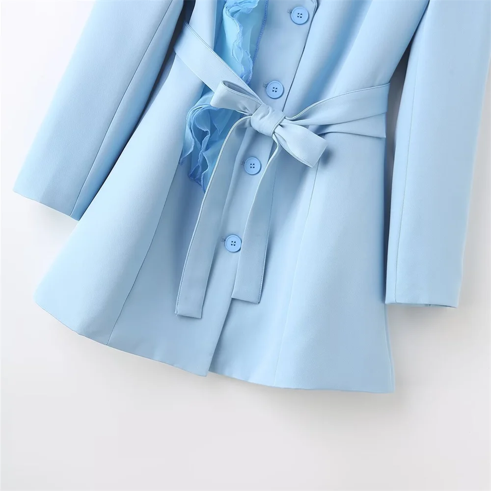 PB&ZA2024 autumn new women\'s clothing fashion temperament commuting solid color versatile blue patchwork organza jacket suit