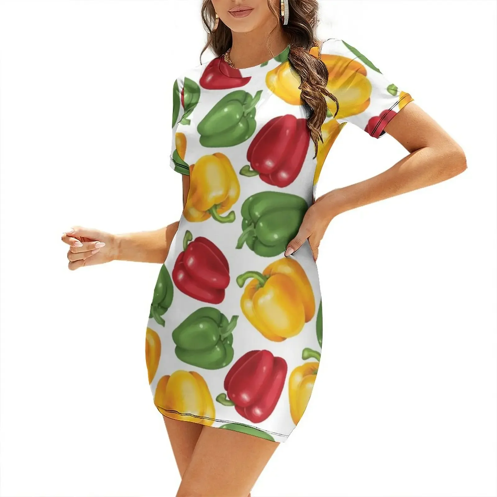 

Seamless Yellow, Red & Green Capsicum Pattern Short-Sleeved Dress Women long dress elegant dresses for women Dress vintage