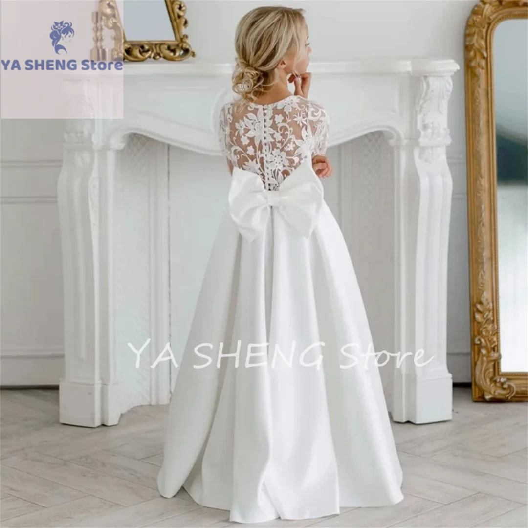 customized Flower Girl Dresses White Satin Appliques With Bow Long Sleeve For Wedding Birthday Banquet Holy Communion Gowns