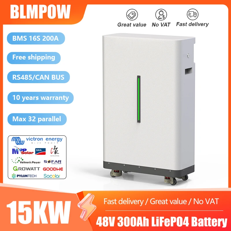 LiFePO4 48V 300AH 100AH 600AH Battery Pack 51.2V 15KW Lithium Solar Battery 10000+ Cycle With 16S 200A BMS For Inverter EU Stock